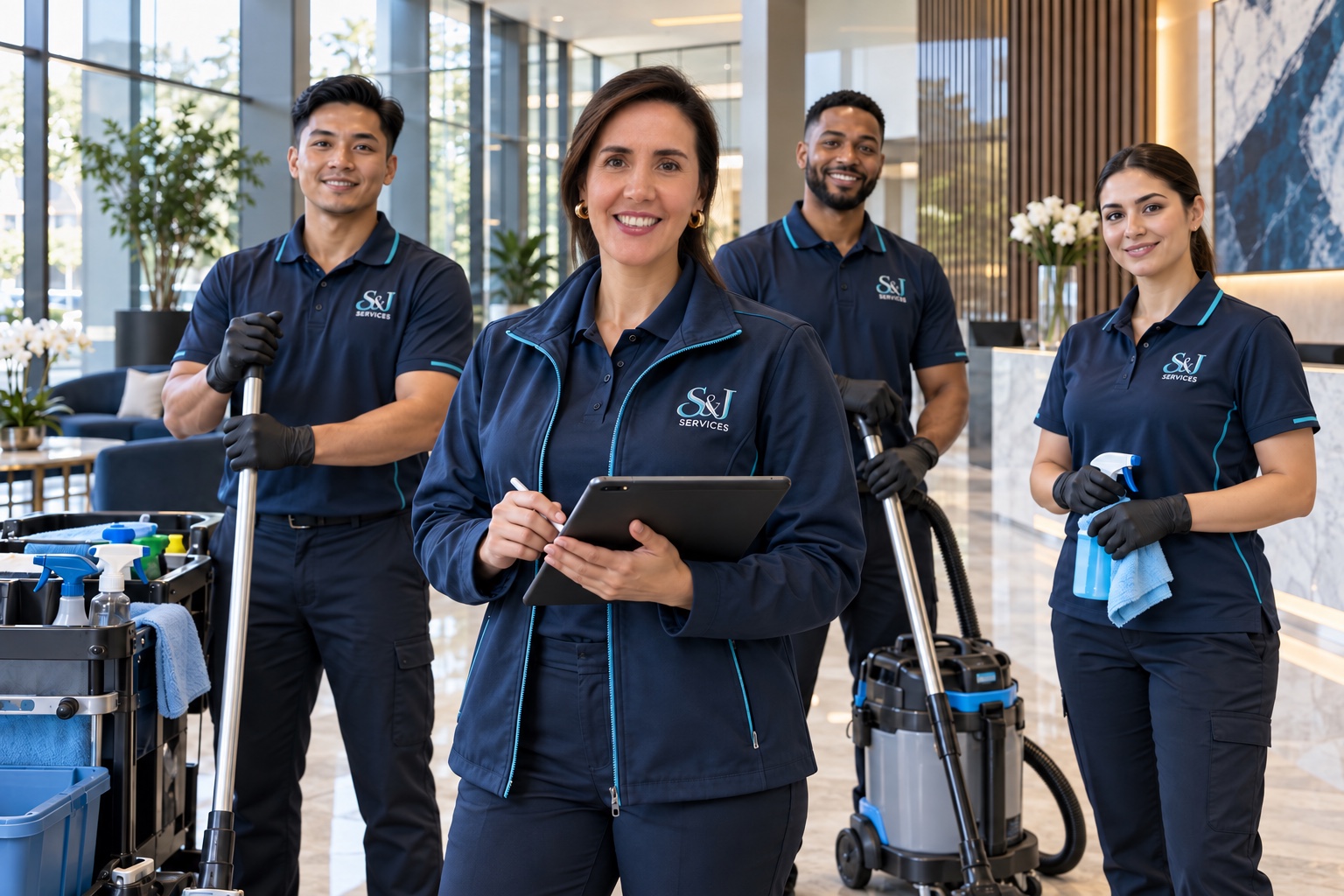 S&J Services supervisor and professional cleaning team ready for a quality-controlled commercial service