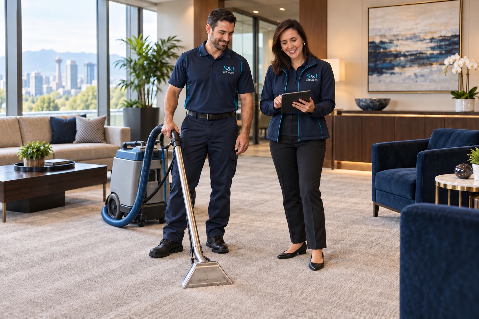 S&J Services carpet-care technician and supervisor verifying a professionally restored carpet
