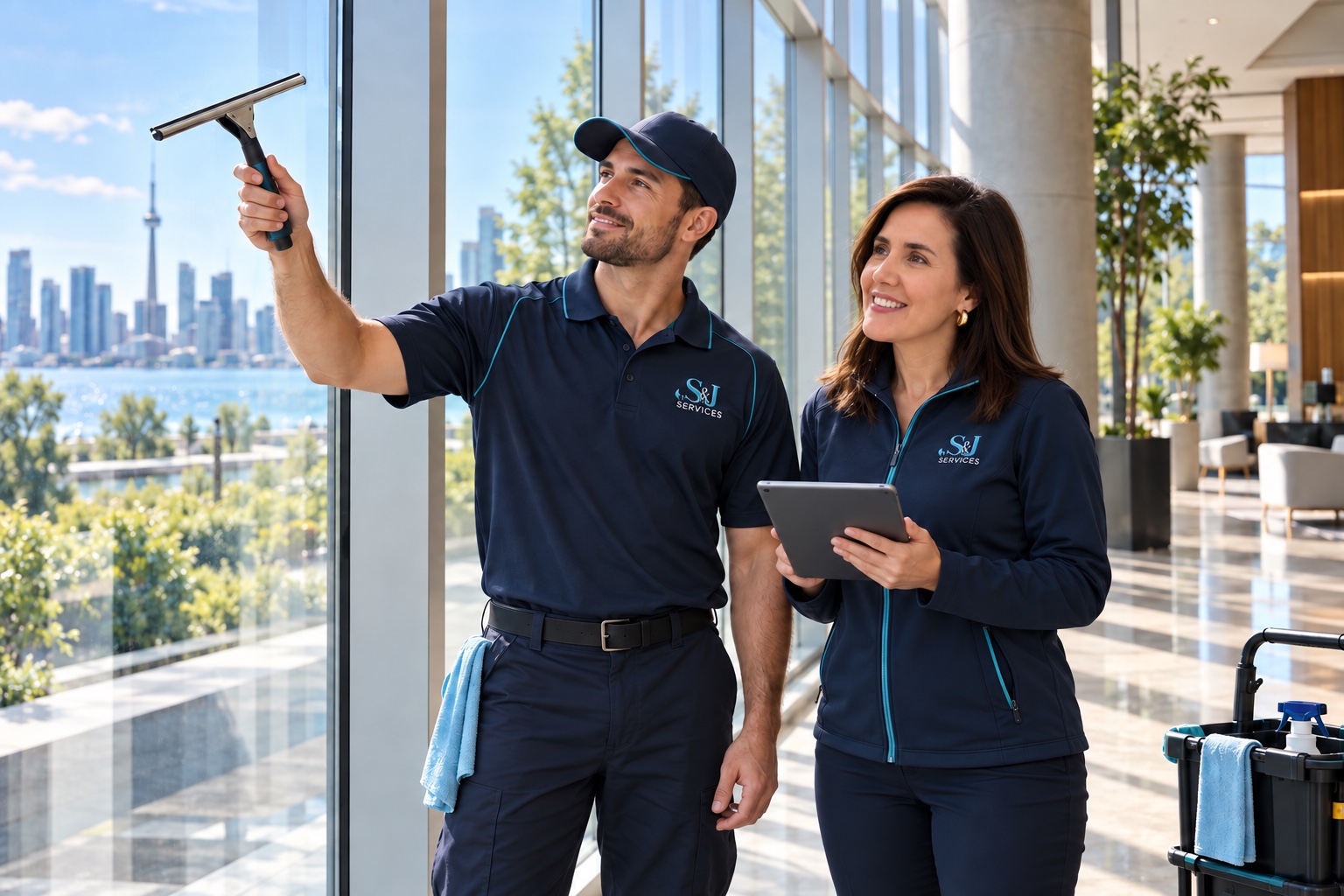 S&J Services window specialist and supervisor inspecting spotless commercial glass